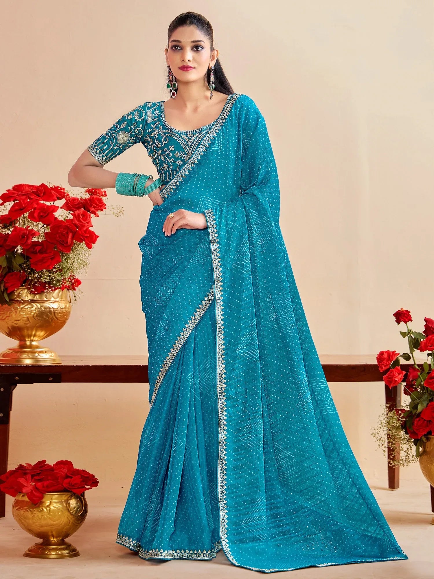 Blue Light Bandhani Georgette Embroidered Saree