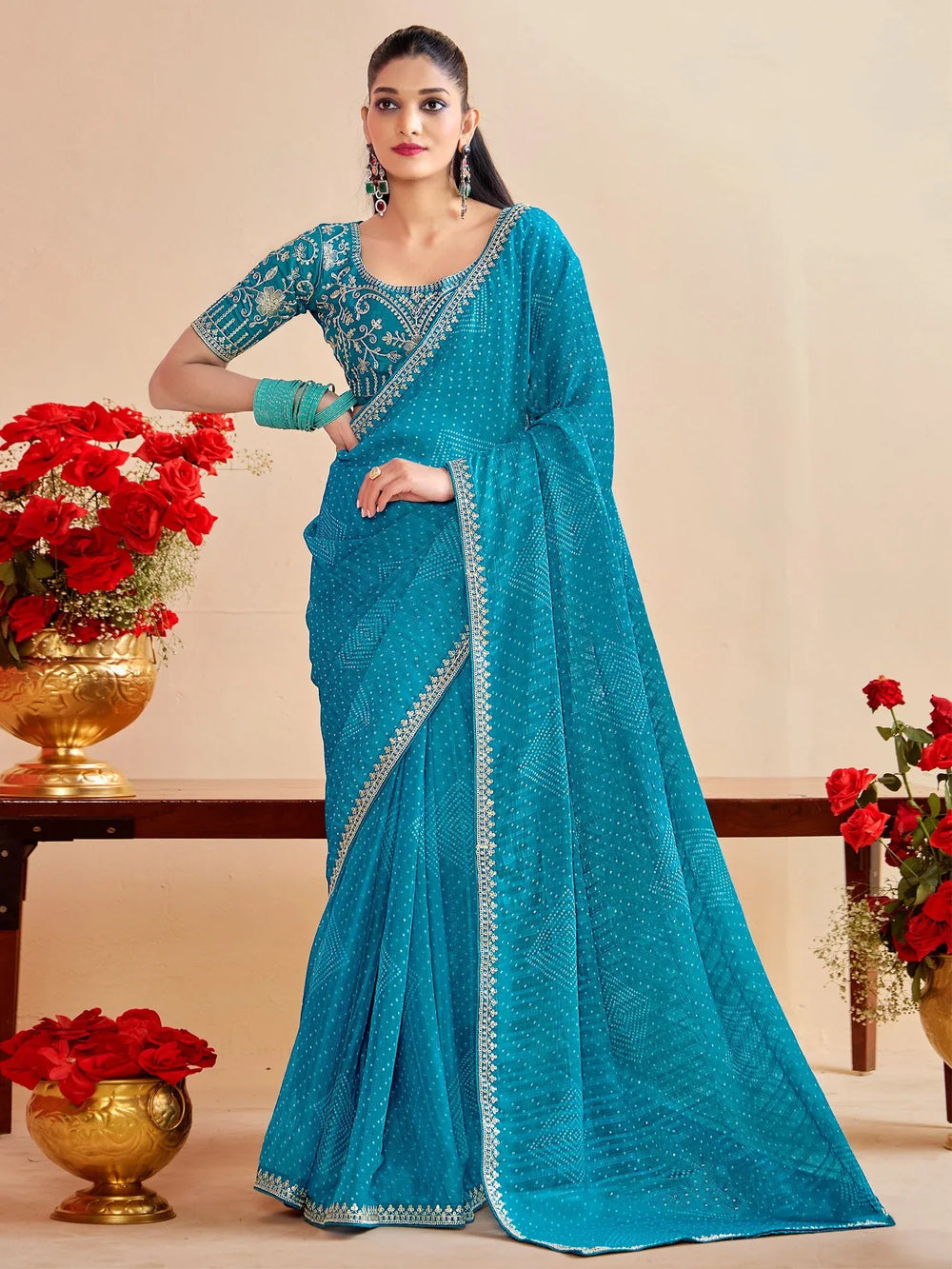 Blue Light Bandhani Georgette Embroidered Saree