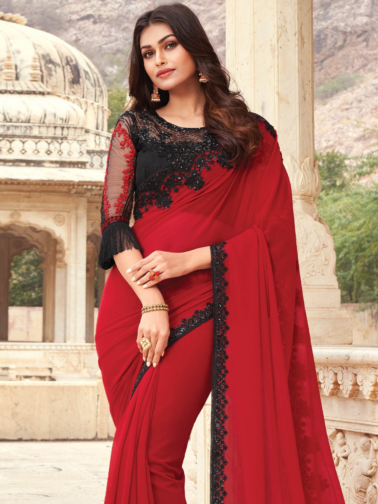 Red Party Wear Georgette Embellished Saree