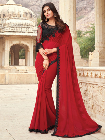 Red Red Party Wear Georgette Embellished Saree