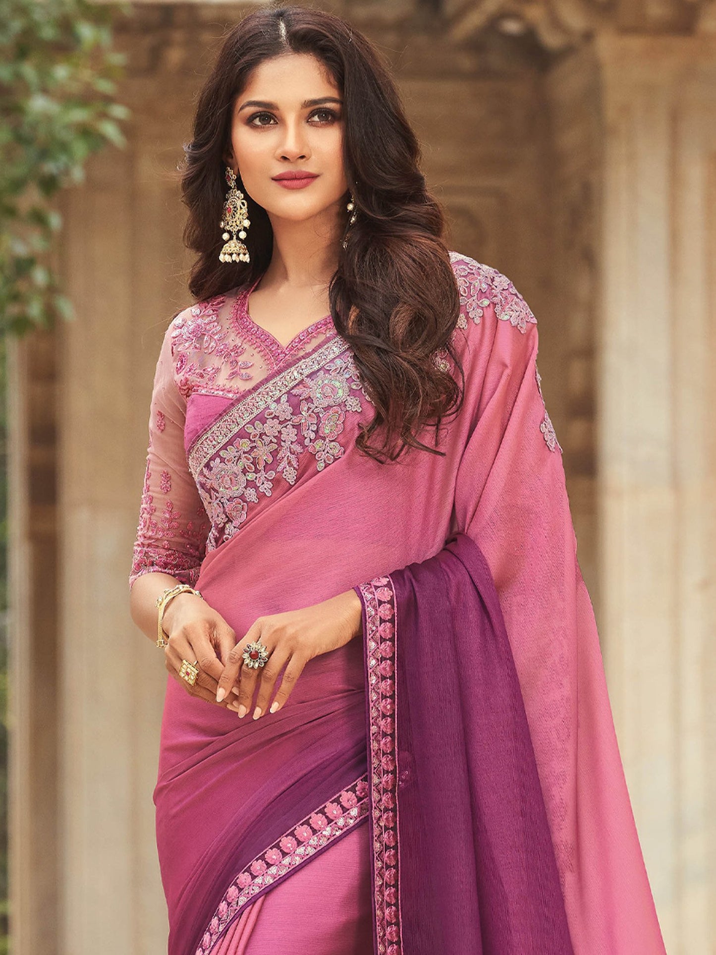 Purple Party Wear Silk Blend Embellished Saree