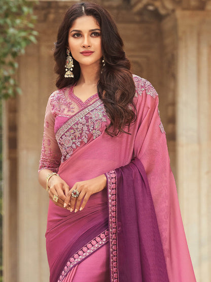 Purple Party Wear Silk Blend Embellished Saree