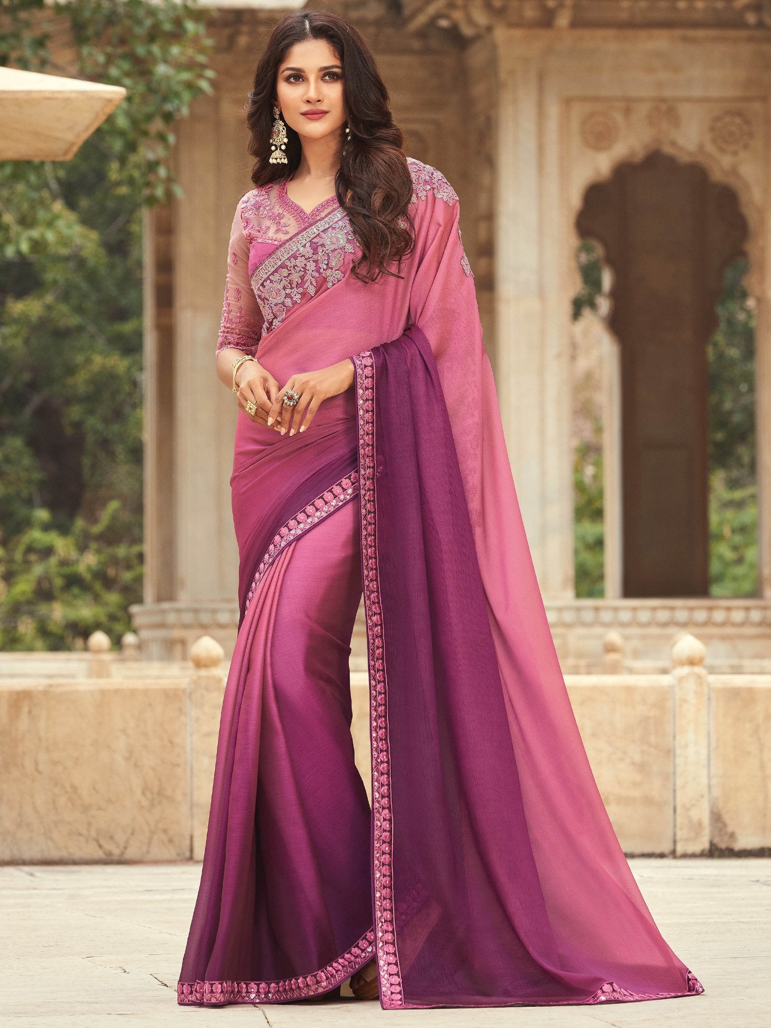 Purple Purple Party Wear Silk Blend Embellished Saree
