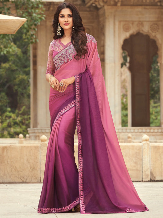 Purple Purple Party Wear Silk Blend Embellished Saree