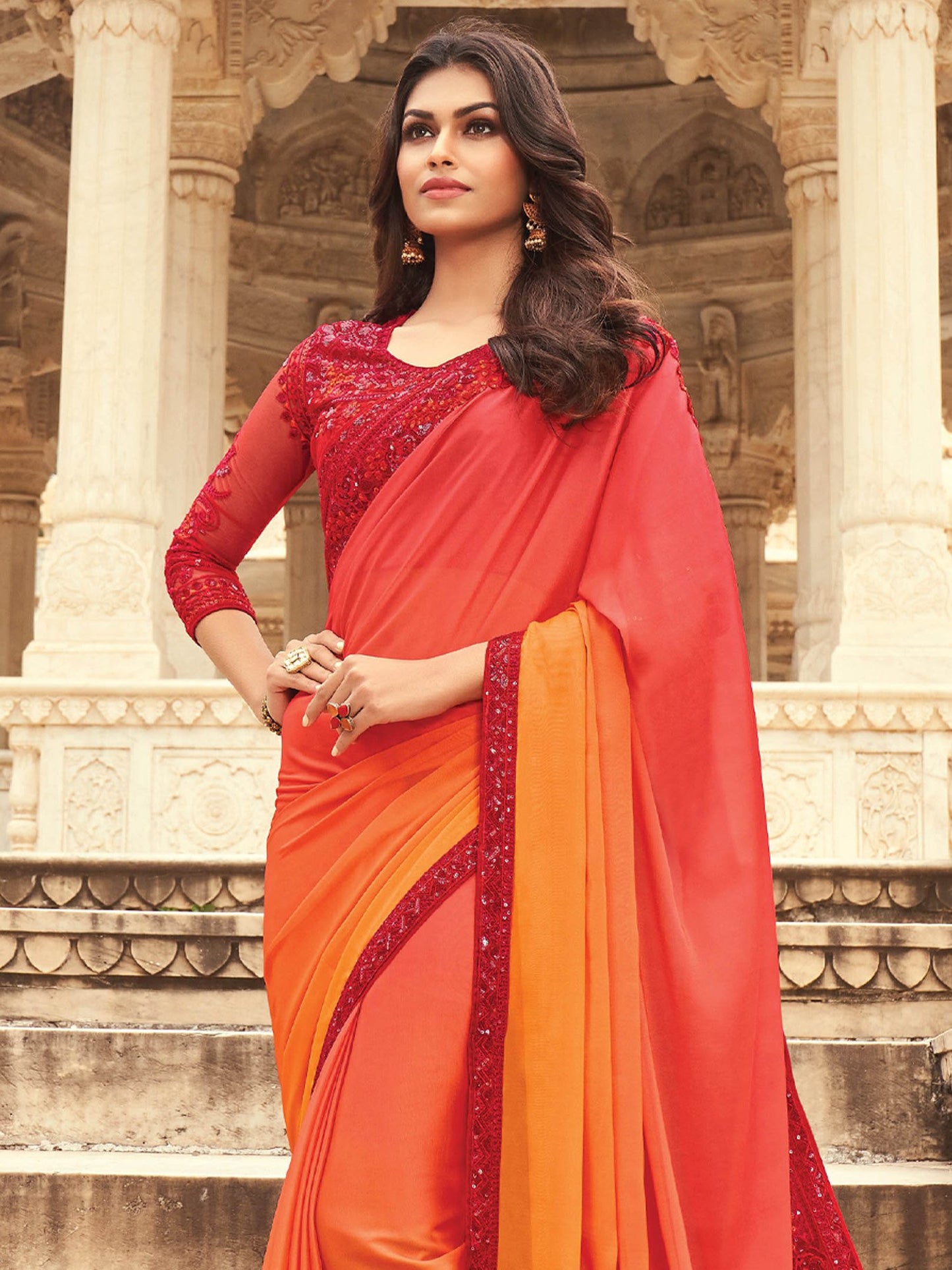 Orange Party Wear Silk Blend Embellished Saree