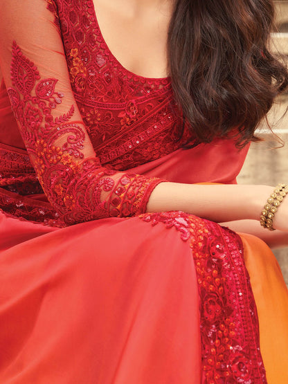Orange Party Wear Silk Blend Embellished Saree