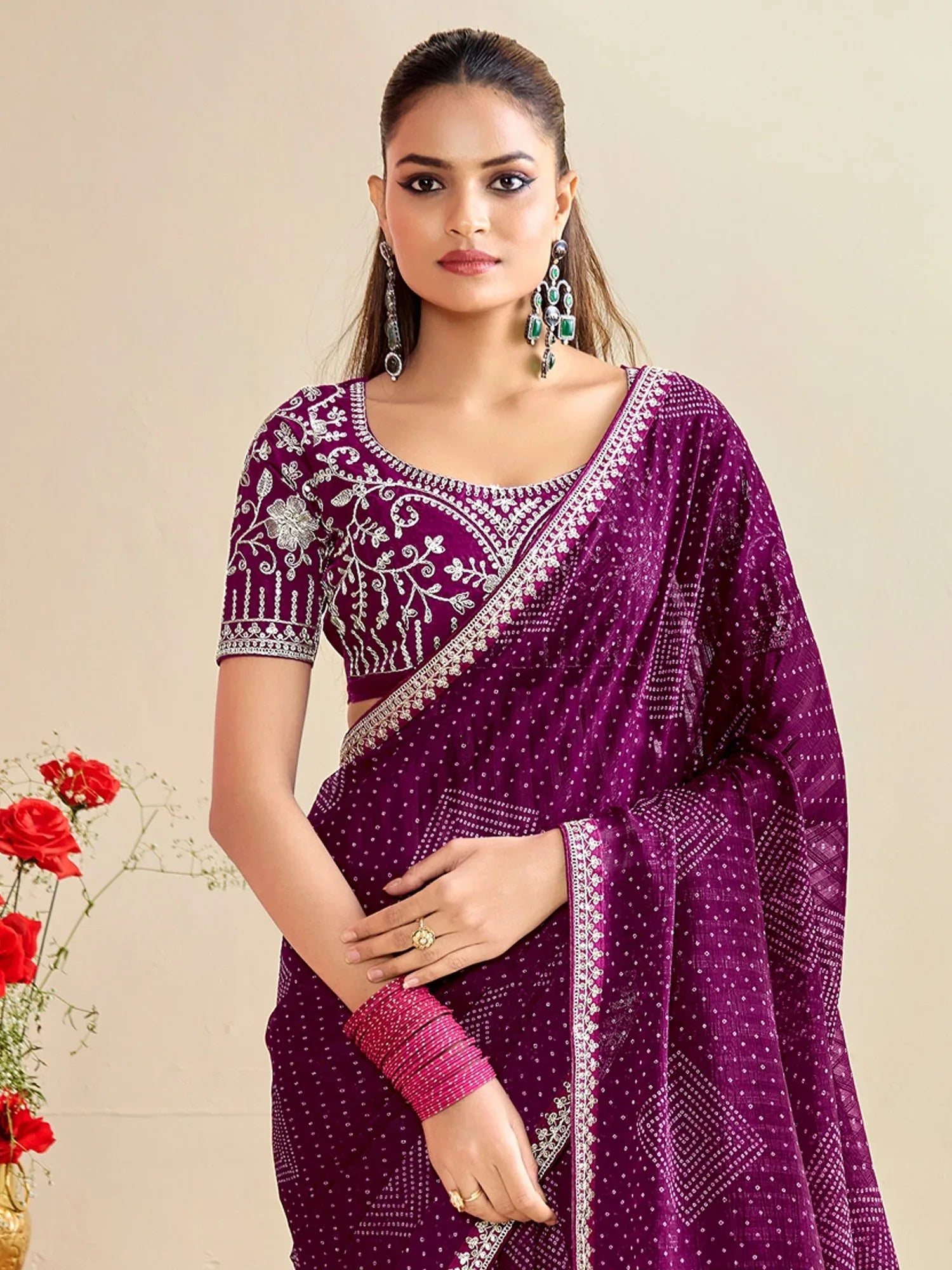 Purple Bandhani Georgette Embroidered Saree
