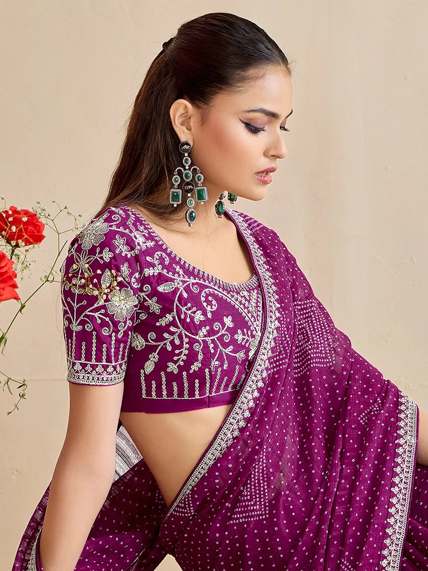 Purple Bandhani Georgette Embroidered Saree