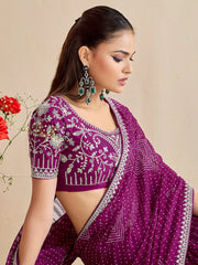Purple Bandhani Georgette Embroidered Saree