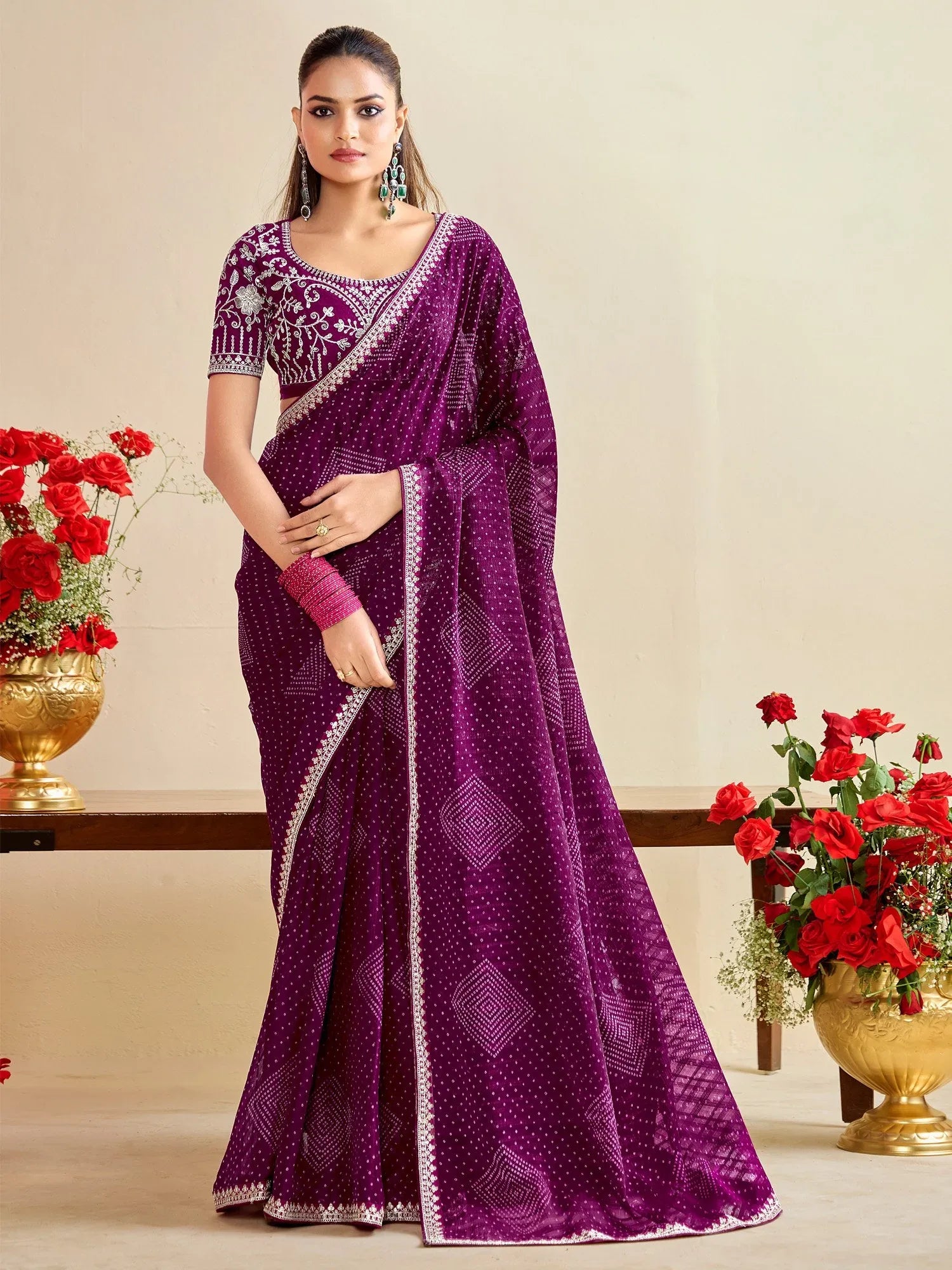 Purple Purple Bandhani Georgette Embroidered Saree