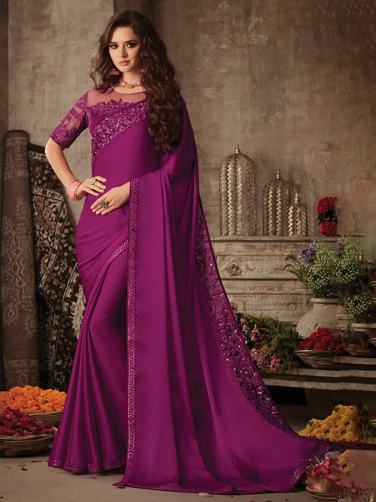 Purple Purple Party Wear Satin Silk Embellished Saree