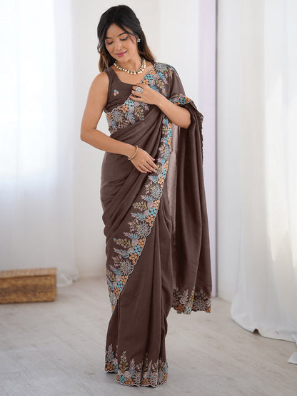Brown Party Wear Vichitra Silk Embroidered Saree