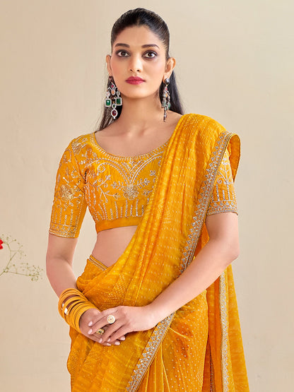 Yellow Bandhani Georgette Embroidered Saree