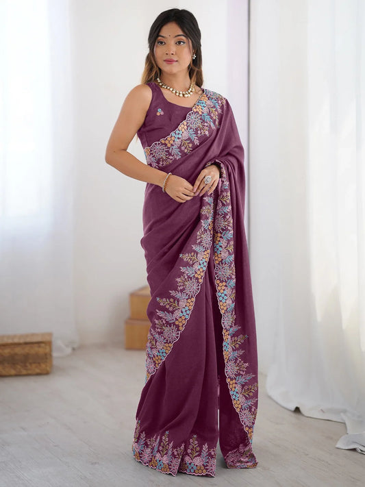 Purple Mauve Party Wear Vichitra Silk Embroidered Saree