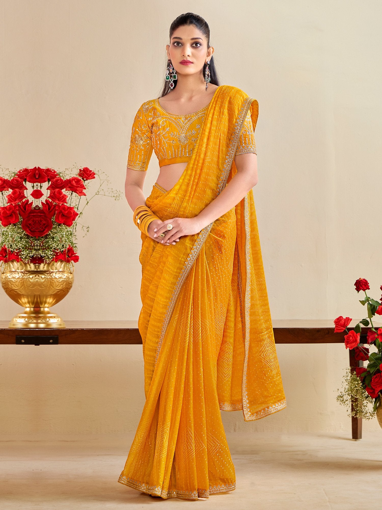 Yellow Yellow Bandhani Georgette Embroidered Saree