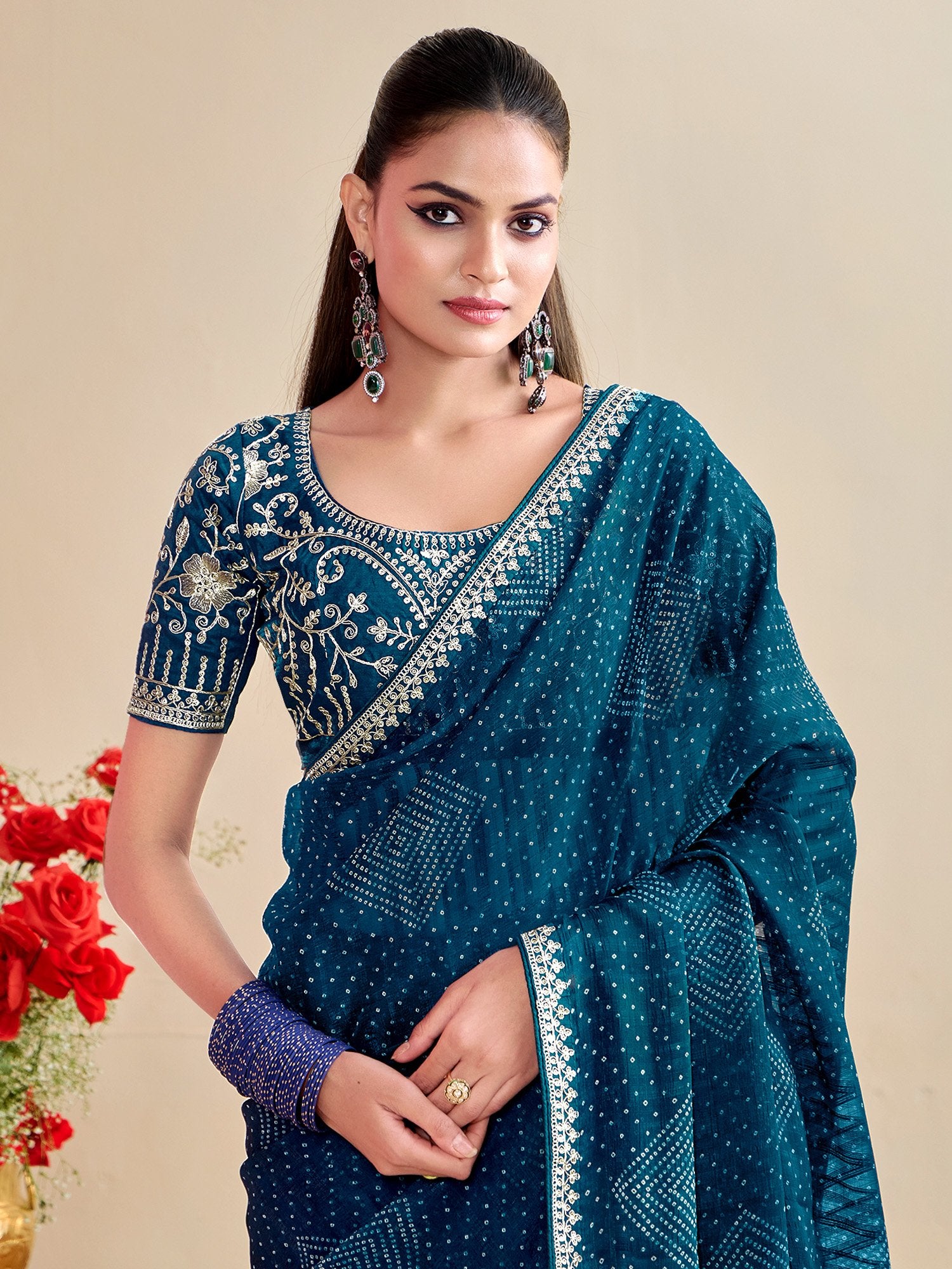 Blue Bandhani Georgette Embroidered Saree