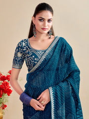 Blue Bandhani Georgette Embroidered Saree