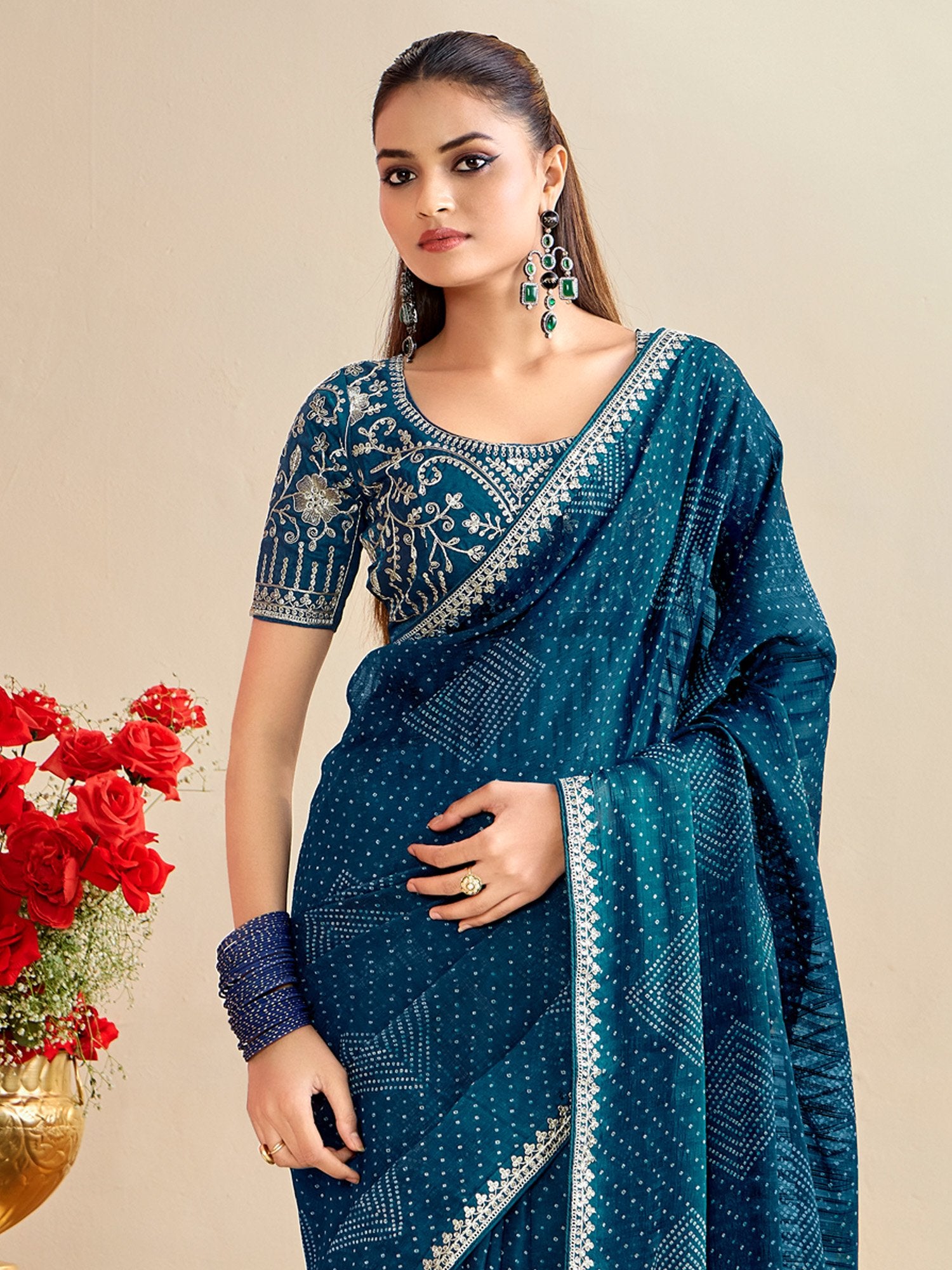 Blue Bandhani Georgette Embroidered Saree