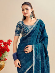 Blue Bandhani Georgette Embroidered Saree