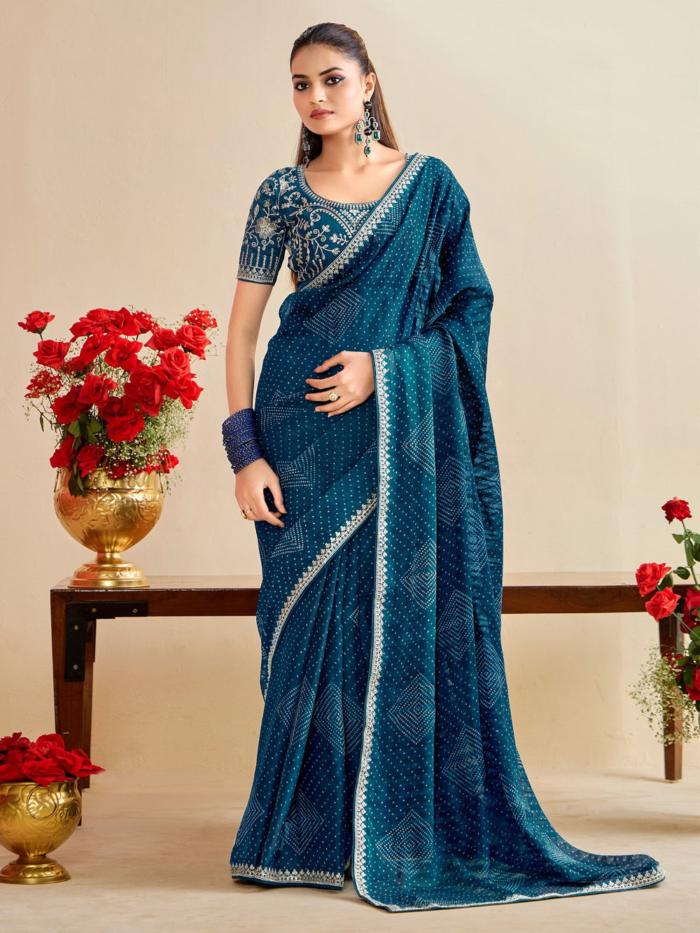 Blue Blue Bandhani Georgette Embroidered Saree