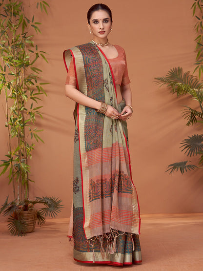 Grey Block Print Linen Blend Printed Saree