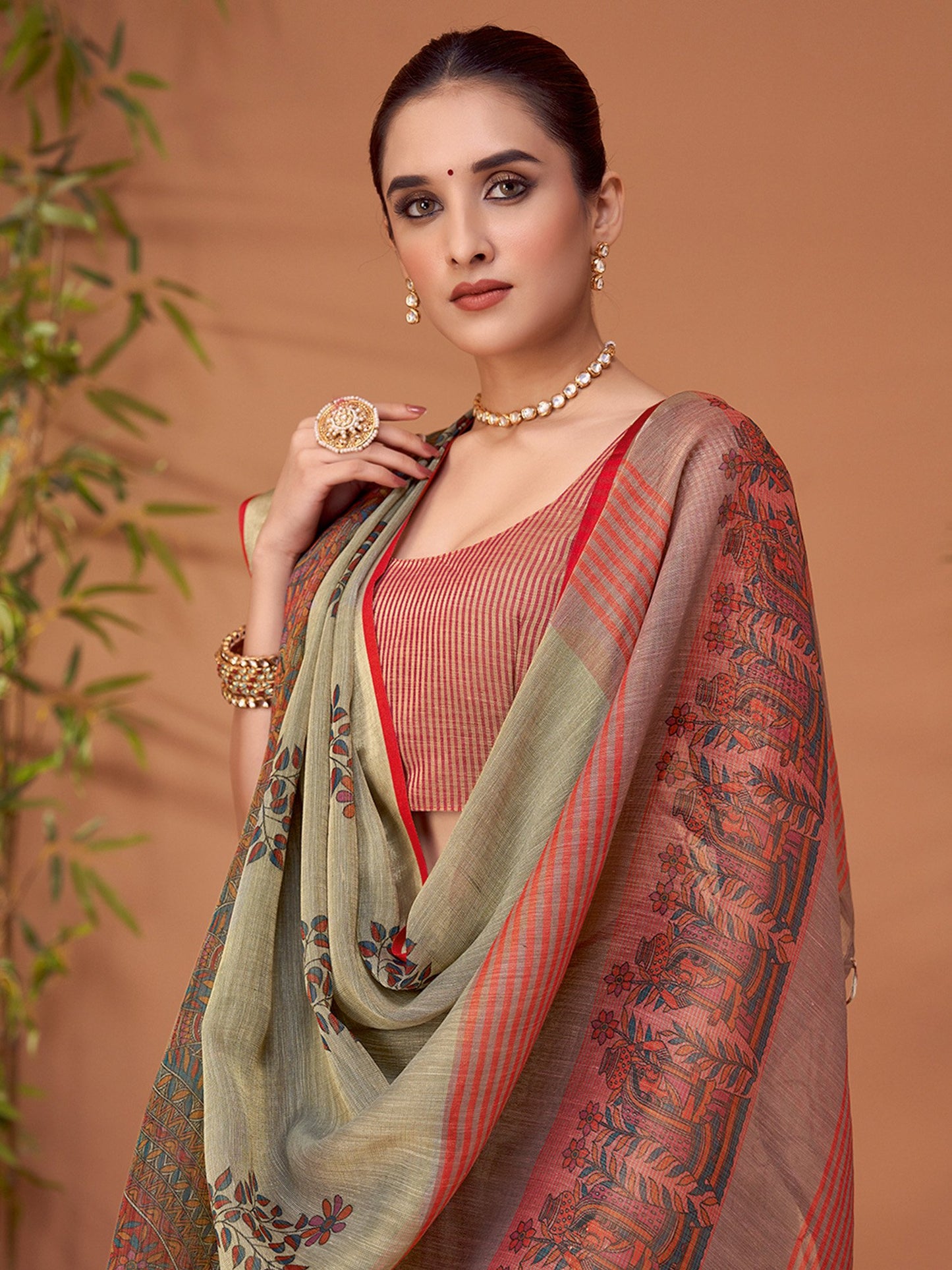 Grey Block Print Linen Blend Printed Saree