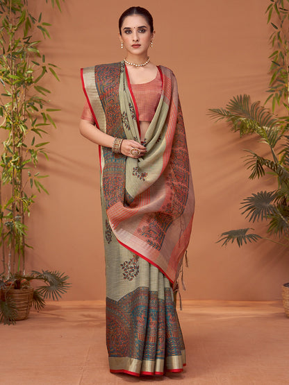 Grey Grey Block Print Linen Blend Printed Saree