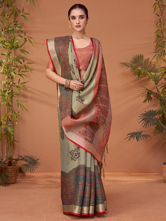Grey Grey Block Print Linen Blend Printed Saree