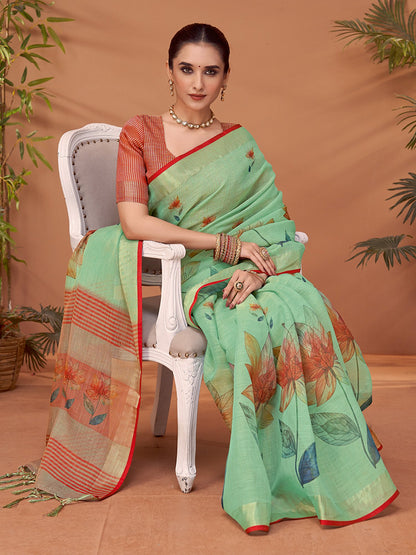 Sea Block Print Linen Blend Printed Saree