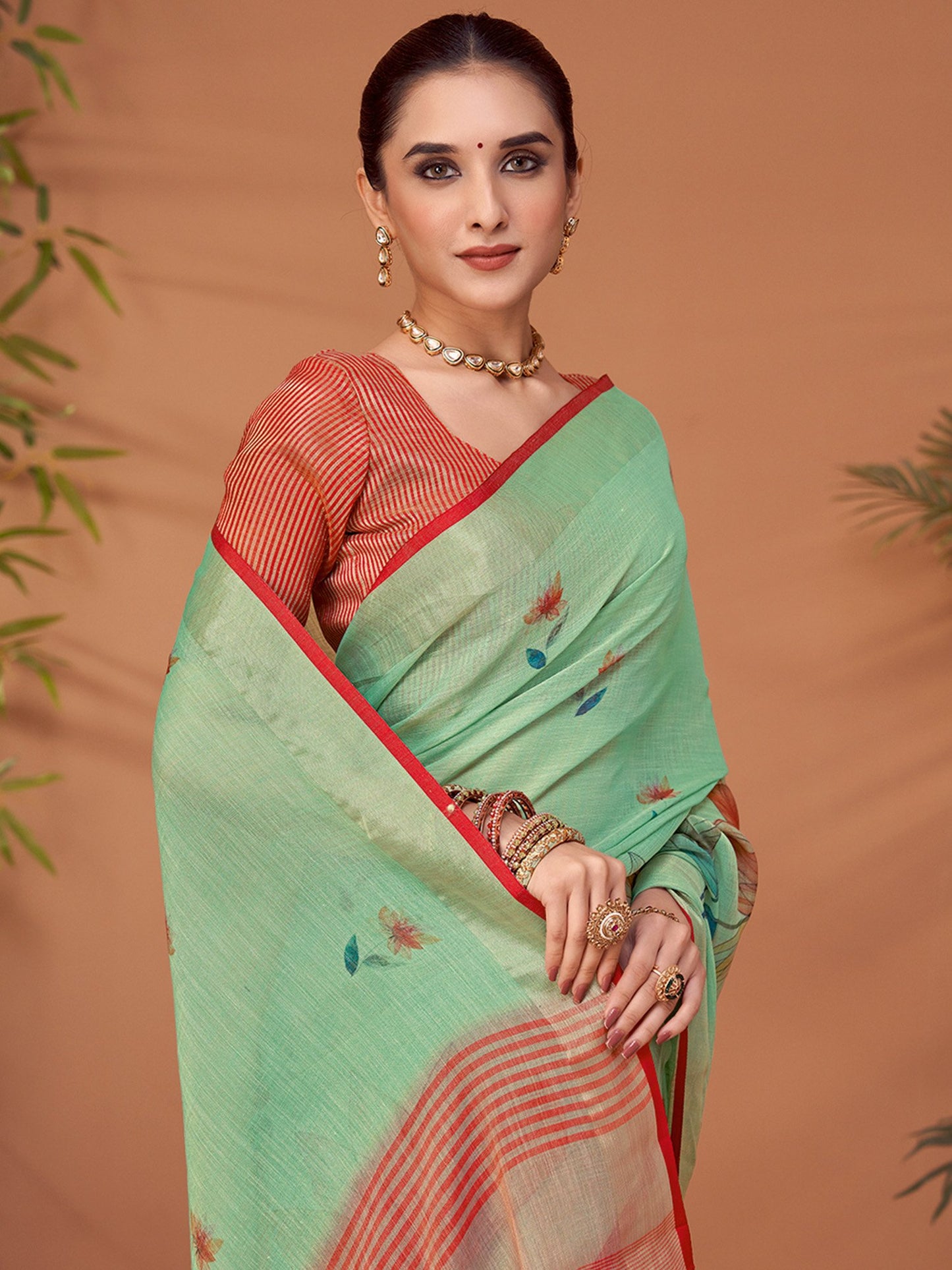 Sea Block Print Linen Blend Printed Saree