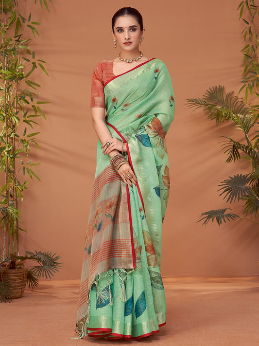 Green Sea Block Print Linen Blend Printed Saree