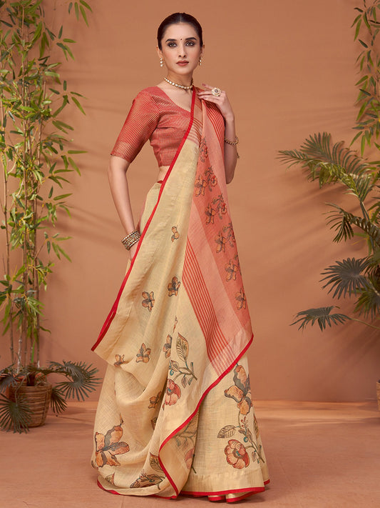 Cream Cream Block Print Linen Blend Printed Saree