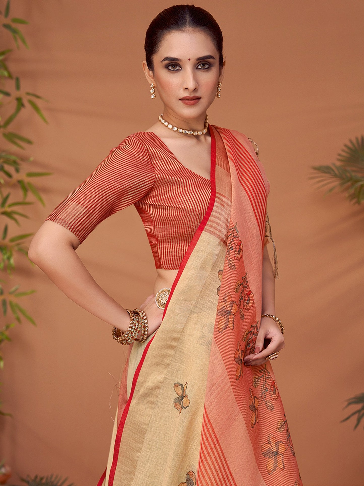 Cream Block Print Linen Blend Printed Saree