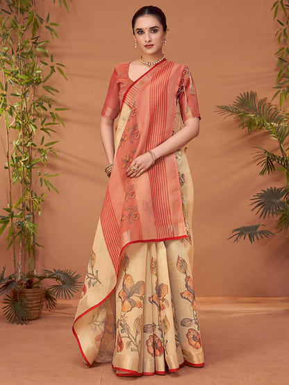 Cream Block Print Linen Blend Printed Saree