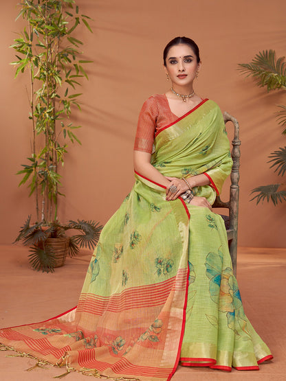 Light Block Print Linen Blend Printed Saree