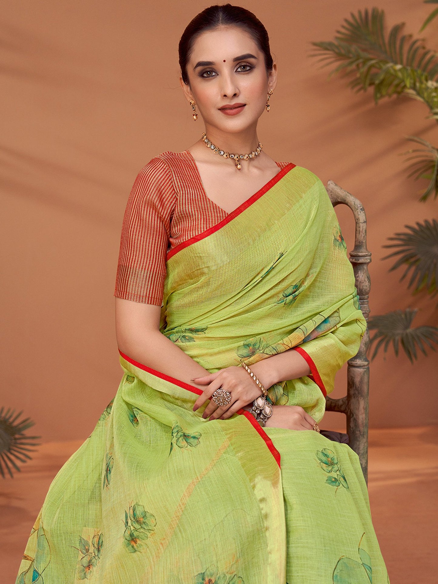 Light Block Print Linen Blend Printed Saree