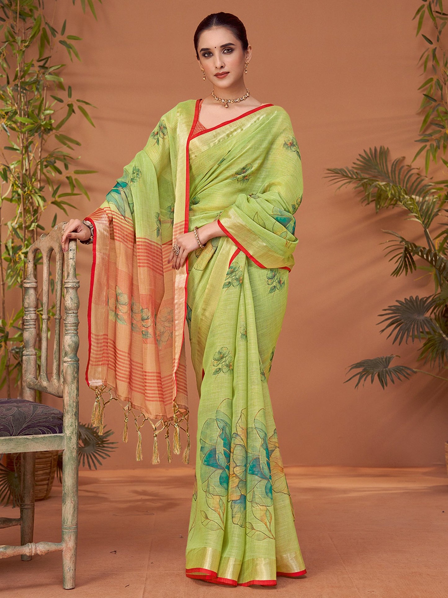 Green Light Block Print Linen Blend Printed Saree