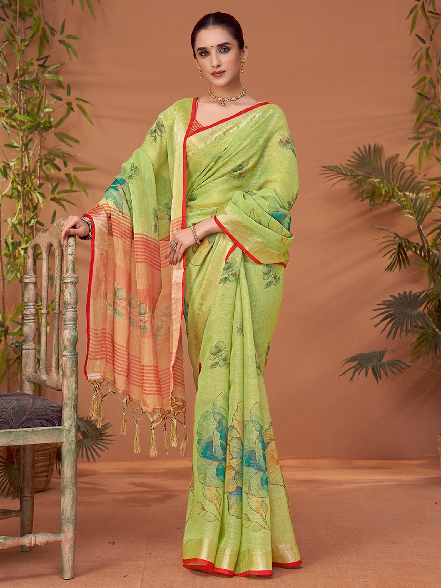 Green Light Block Print Linen Blend Printed Saree