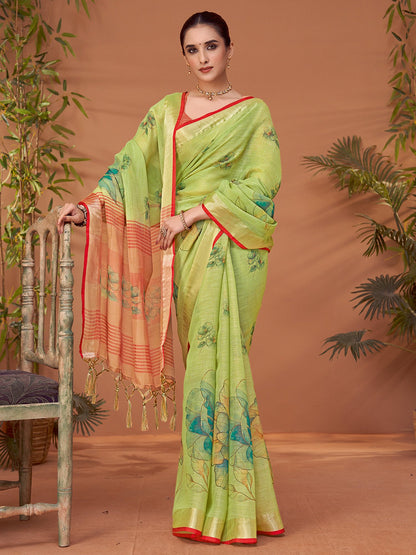 Green Light Block Print Linen Blend Printed Saree