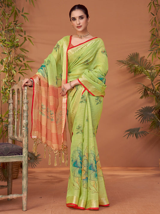 Green Light Block Print Linen Blend Printed Saree