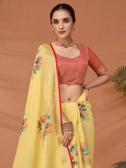 Yellow Block Print Linen Blend Printed Saree