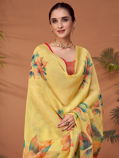 Yellow Block Print Linen Blend Printed Saree
