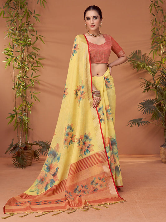 Yellow Yellow Block Print Linen Blend Printed Saree
