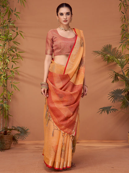 Orange Block Print Linen Blend Printed Saree