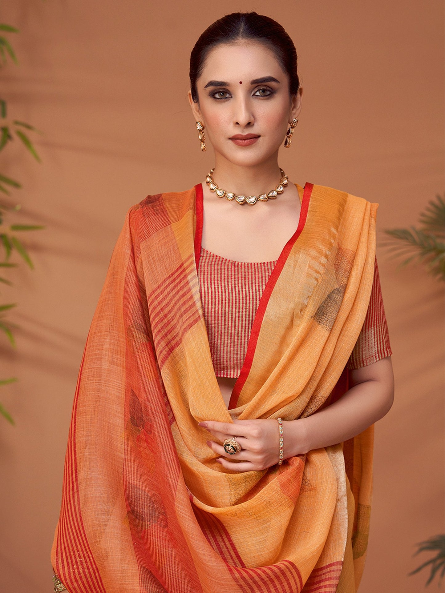 Orange Block Print Linen Blend Printed Saree