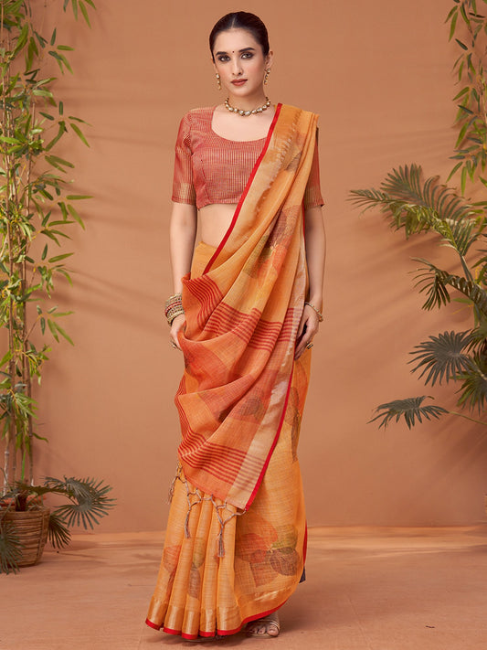 Orange Orange Block Print Linen Blend Printed Saree