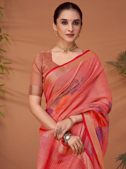 Peach Block Print Linen Blend Printed Saree