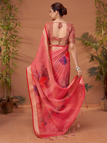Peach Block Print Linen Blend Printed Saree