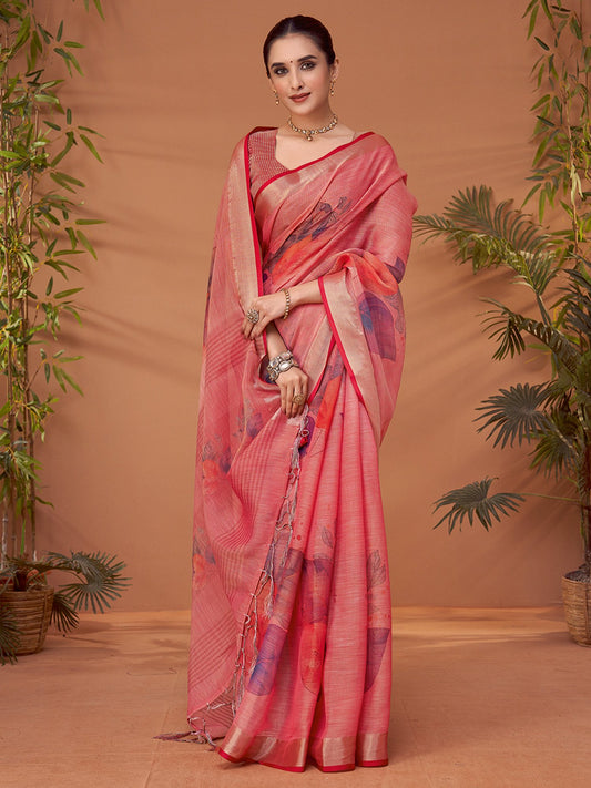Pink Peach Block Print Linen Blend Printed Saree