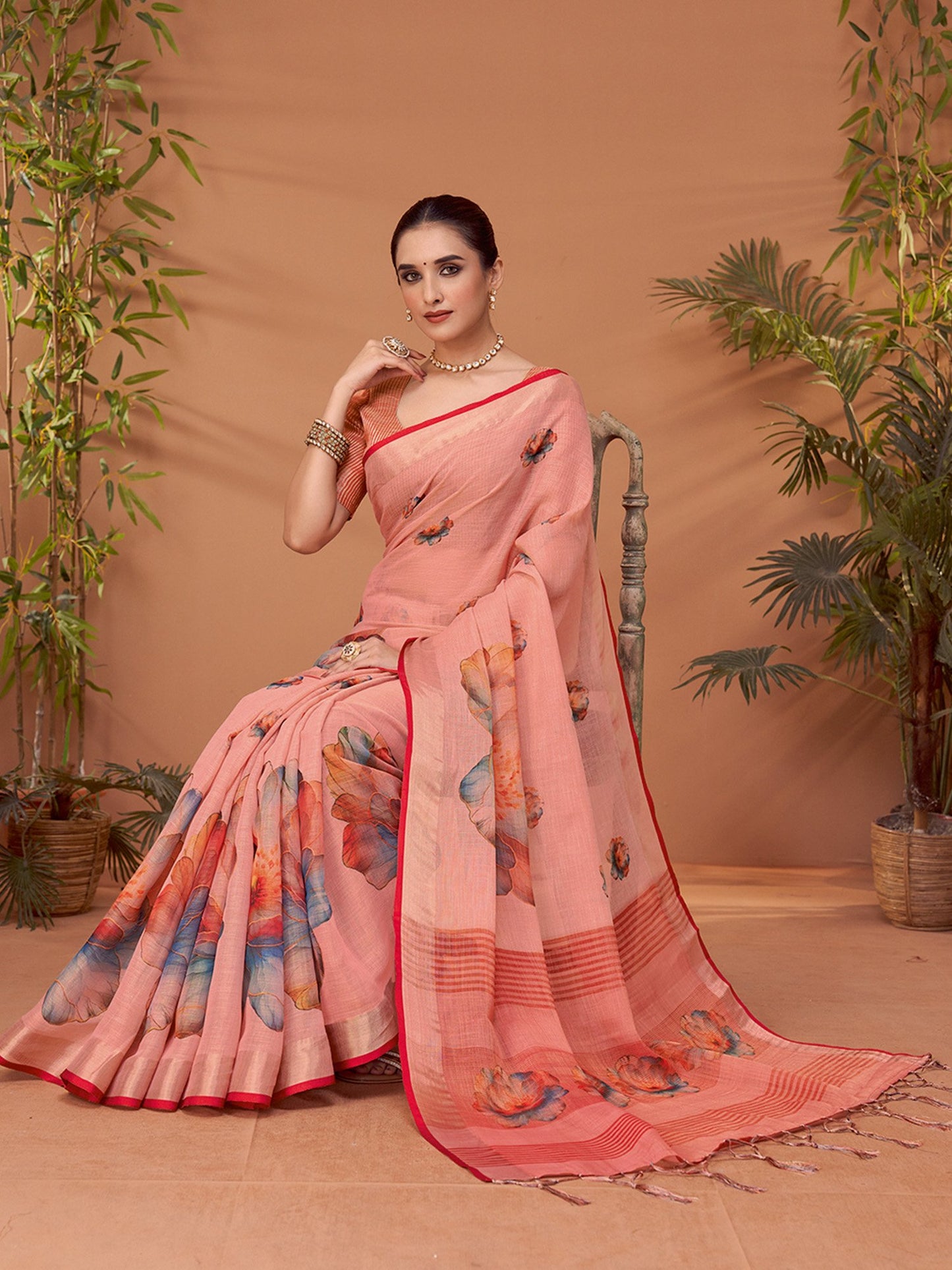 Pink Block Print Linen Blend Printed Saree